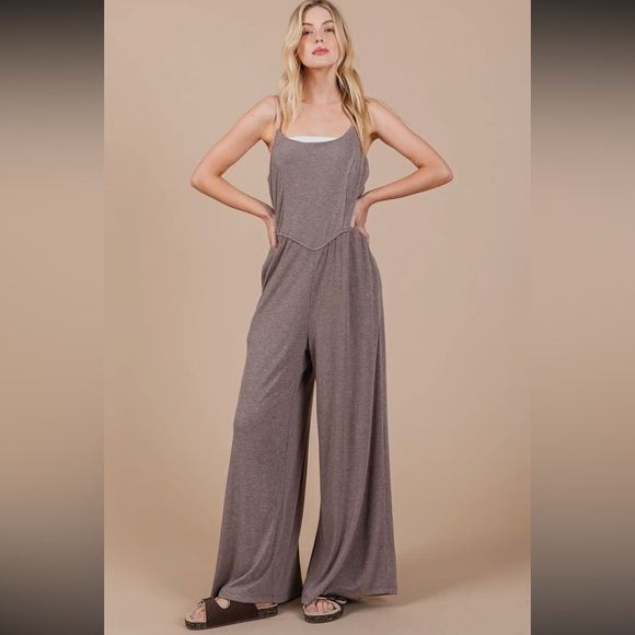 Solid Wide Leg Ribbed Knit Jumpsuit - Picture 3 of 6
